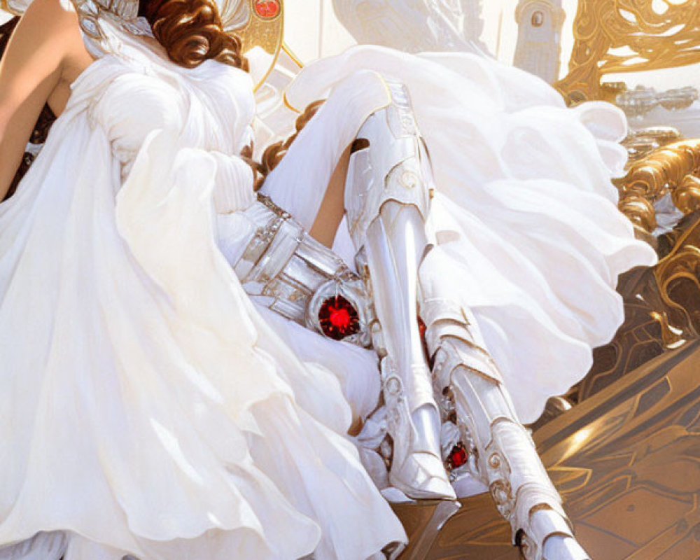 Mechanical legs woman in white dress with floral headpiece among futuristic machinery