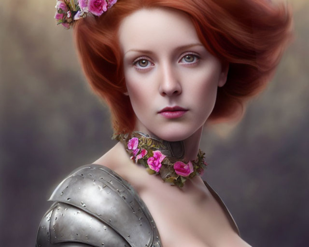 Portrait of Woman with Red Hair, Crown of Pink Flowers, and Armor