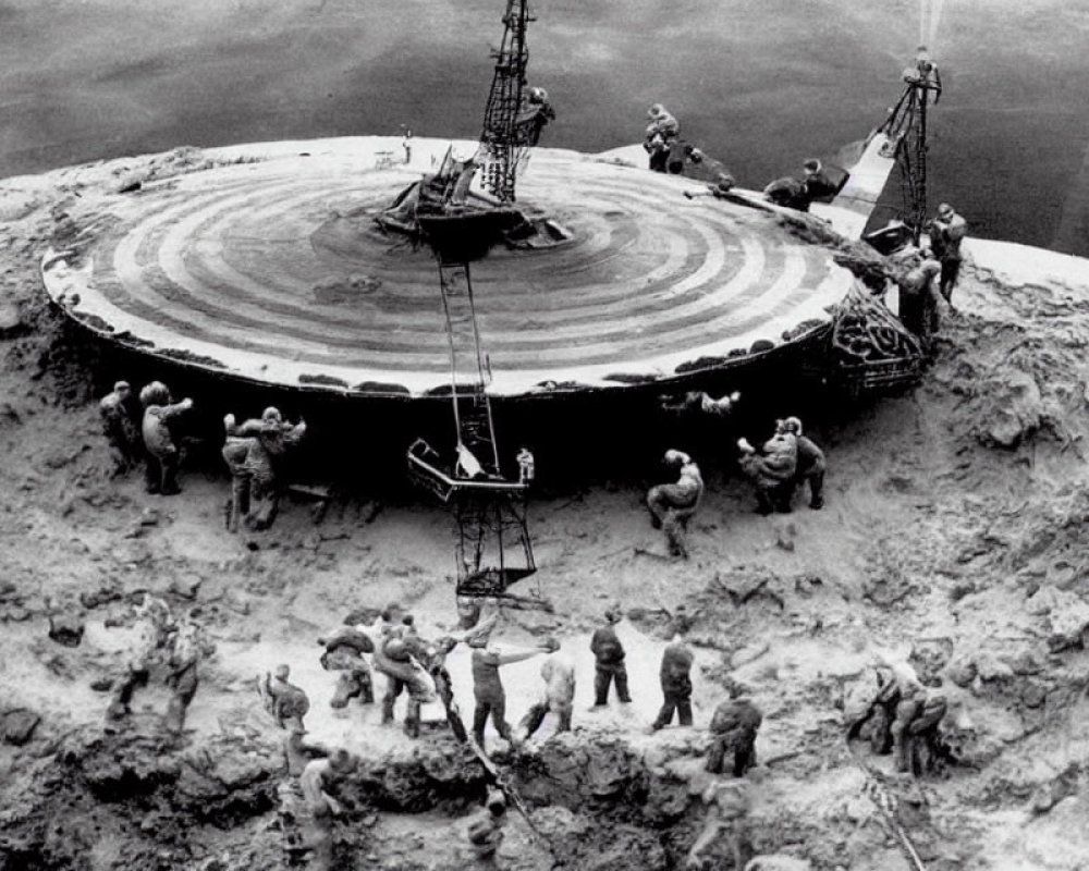 Monochrome image: Workers building circular concrete foundation with cranes and excavators.