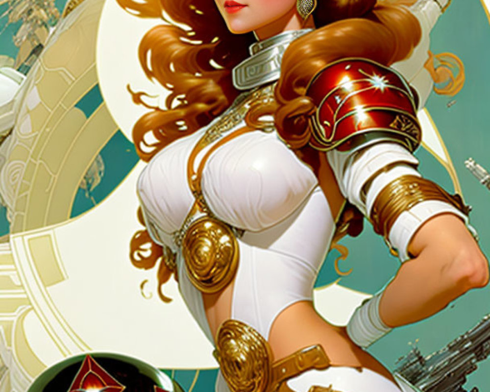 Futuristic female character with brown hair in white and red armor in sci-fi setting