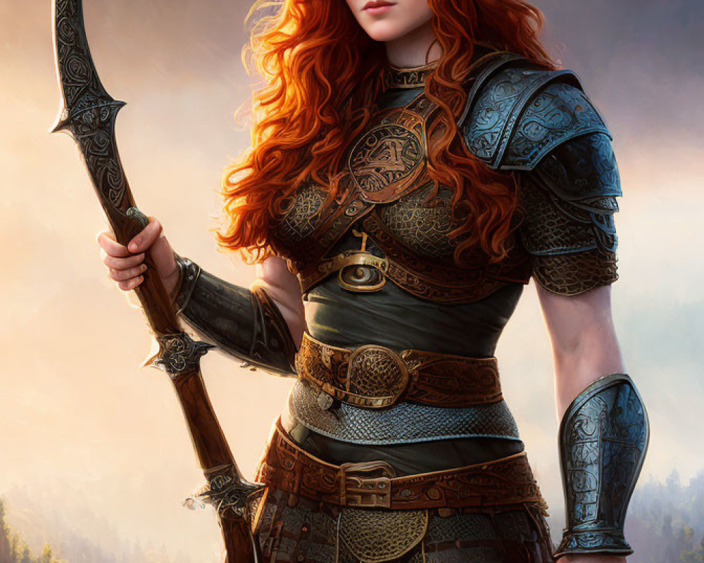 Warrior with Red Hair and Double-Bladed Axe in Misty Forest