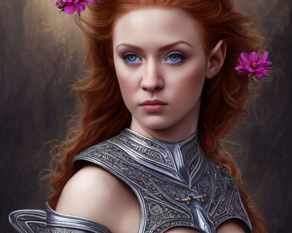 Digital portrait of woman with blue eyes, red hair, purple flowers, silver armor.