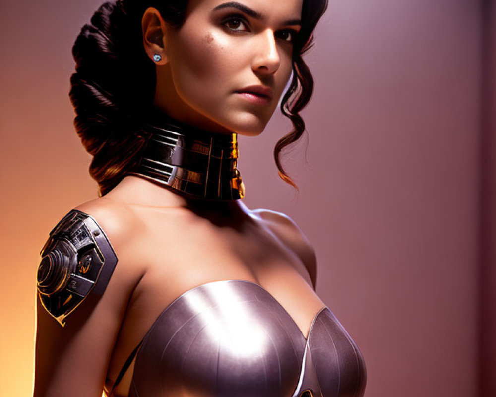 Futuristic woman in metallic attire with floating ring and mechanical details