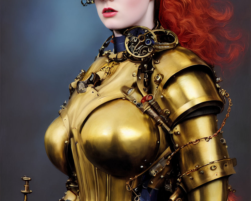 Steampunk-inspired outfit with brass goggles and ornate armor