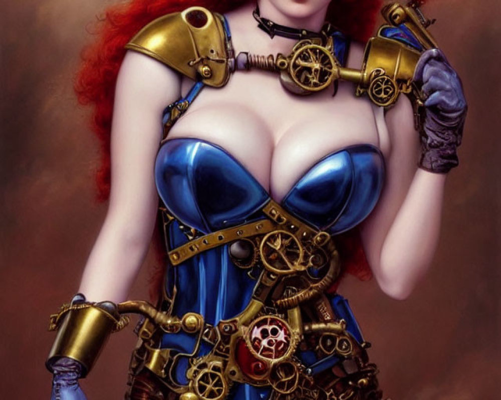 Portrait of Woman with Red Hair in Steampunk Outfit