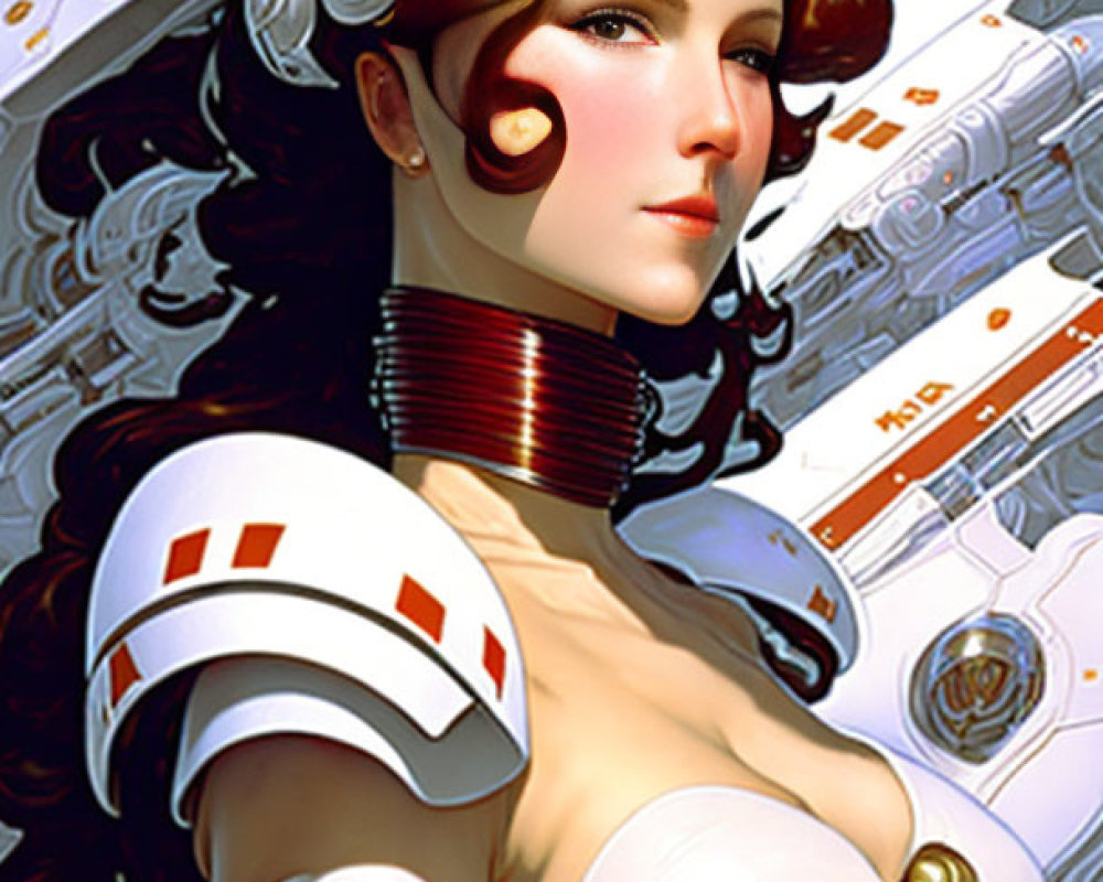 Futuristic digital artwork of woman in white and red suit with mechanical details