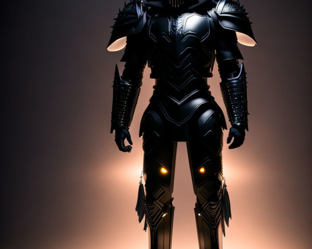 Futuristic black full-body armor against glowing amber backdrop