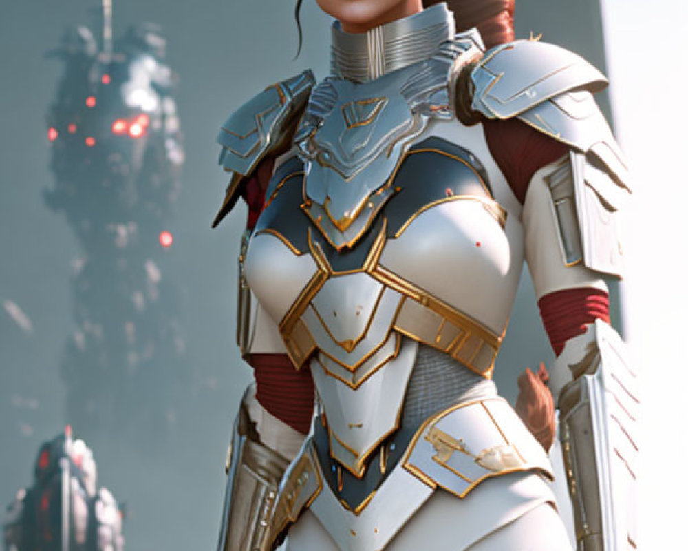 Futuristic warrior woman with red victory roll hair in white and gold armor in sci-fi city.