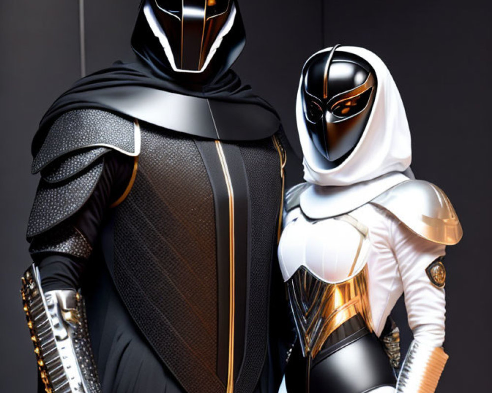 Futuristic black and white armored costumes with knight and superhero helmet designs