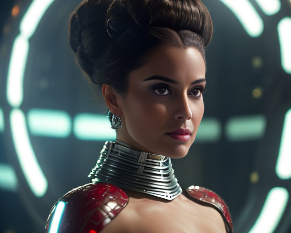 Elaborately styled hair and futuristic metallic armor on a woman in sci-fi setting