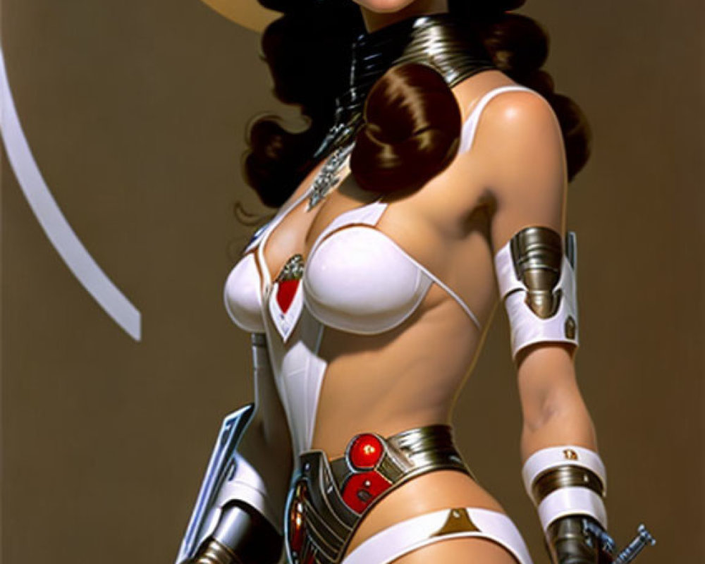 Futuristic female character in white and silver costume with weapons and jewelry on beige backdrop.