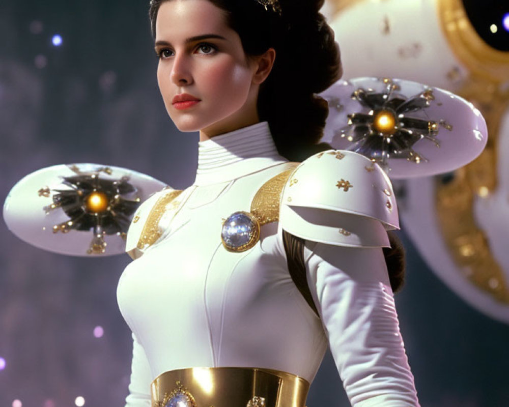 Futuristic white and gold costume with tiara and glowing belt on woman