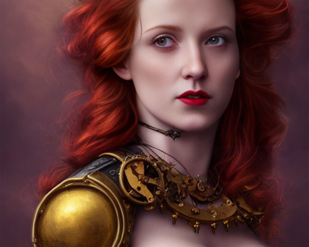 Digital artwork of woman with red hair, pale skin, golden crown, steampunk armor, lightning