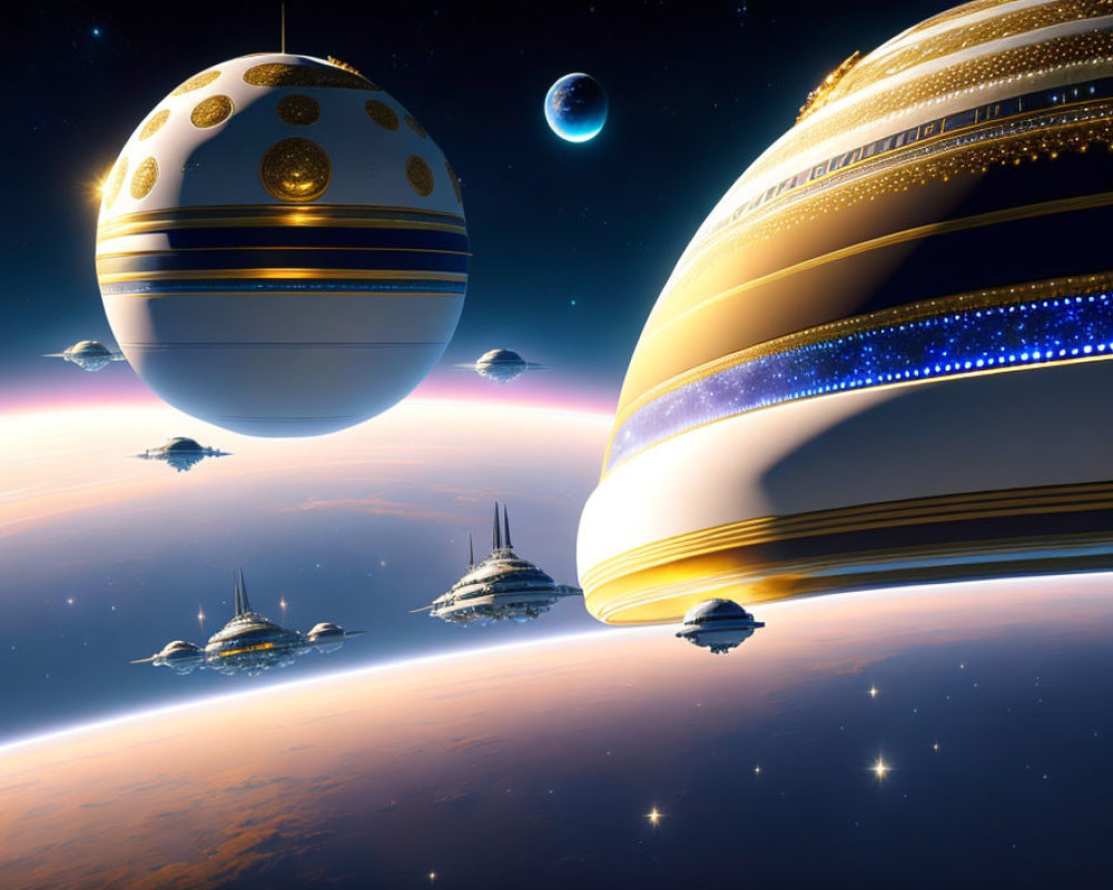 Futuristic spacecrafts orbiting a planet under star-filled sky