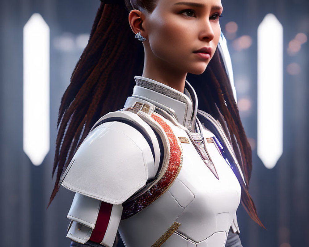 Futuristic female character in white armor with gold and red accents