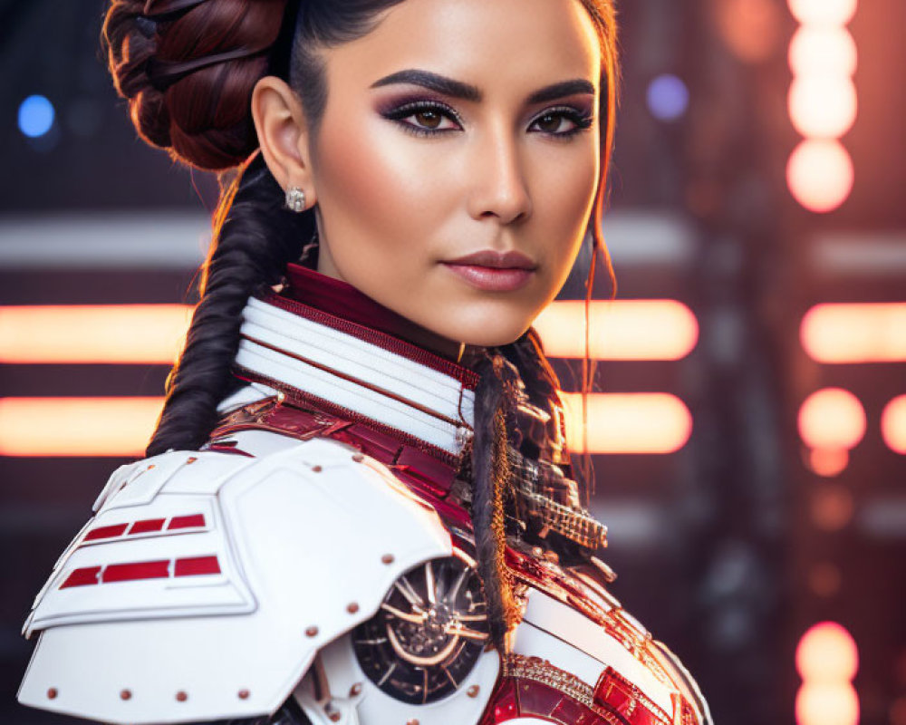 Futuristic woman in white and red armor with braided hair and dark makeup poses confidently.