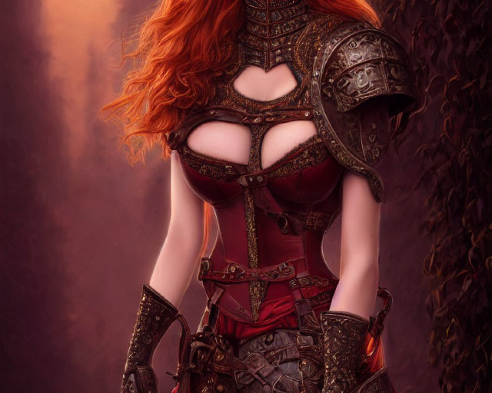 Red-Haired Female Warrior in Ornate Armor on Moody Red Background