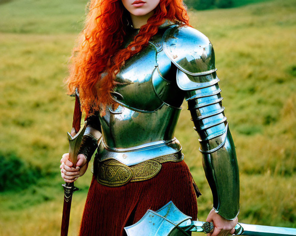 Vibrant red-haired woman in medieval armor with sword and axe in grassy field