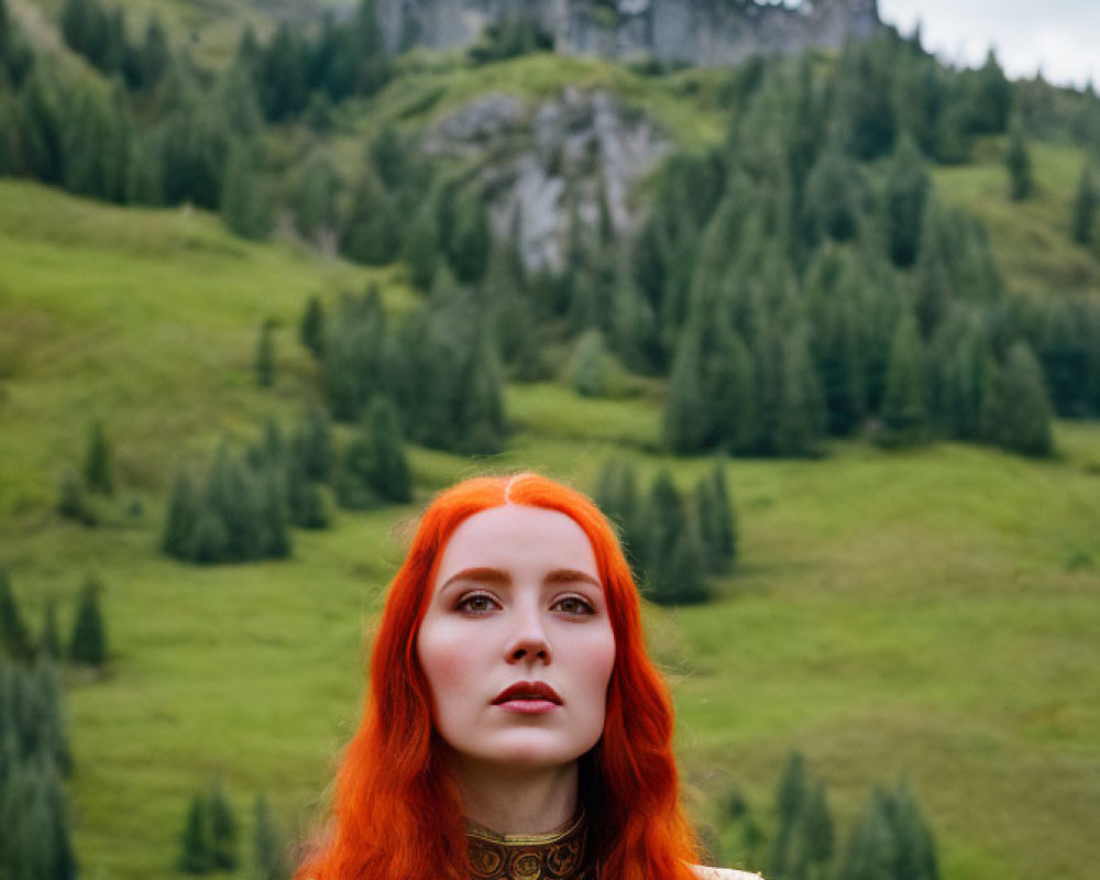 Medieval-themed painting of a woman with vibrant red hair and castle in the background