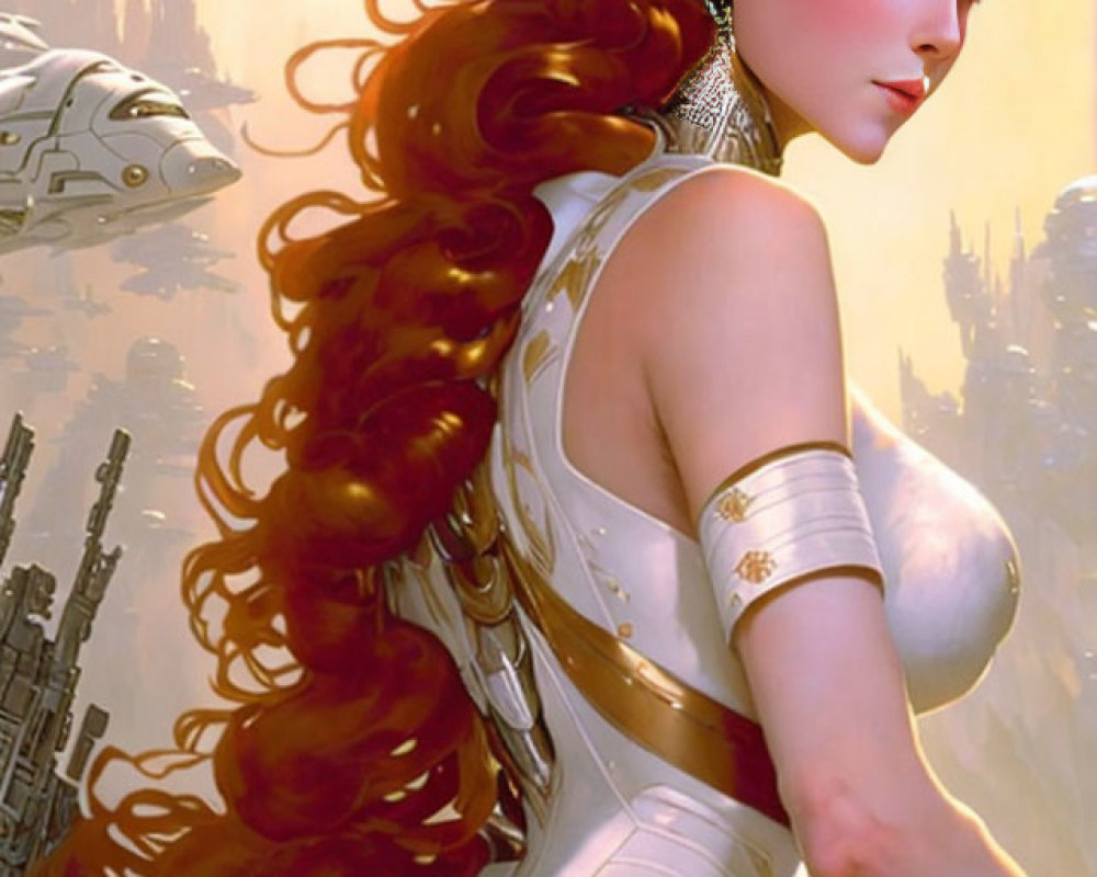 Futuristic warrior woman in white armor with red hair before sci-fi cityscape