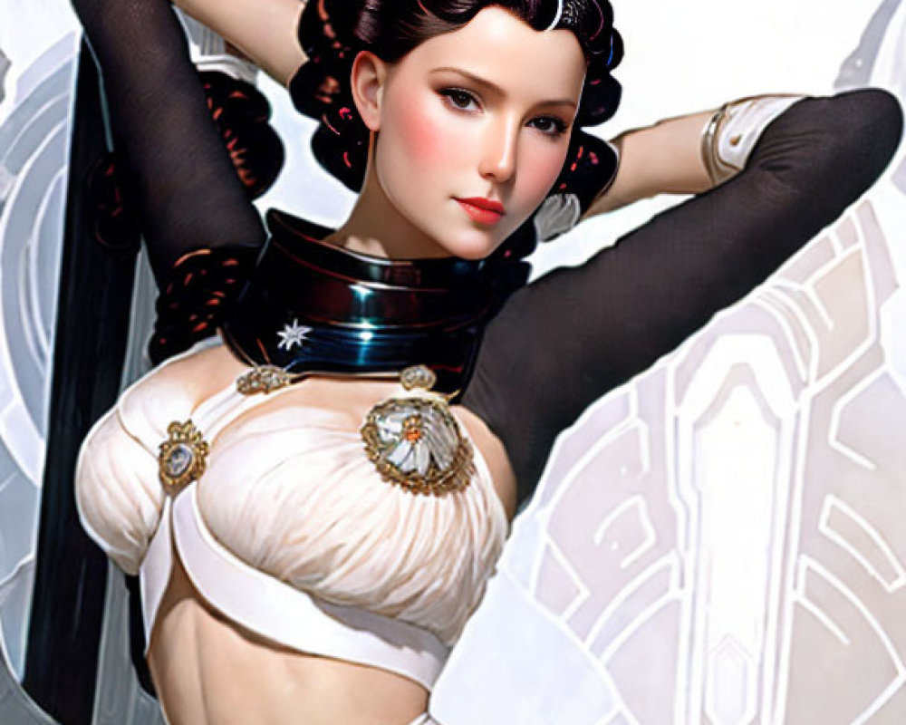 Stylized female character in futuristic white attire with dark hair in buns against sci-fi backdrop