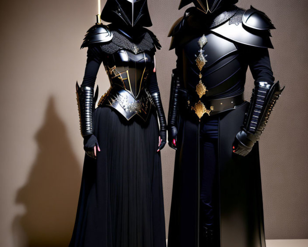 Two individuals in intricate fantasy knight armor with ornate helmets.