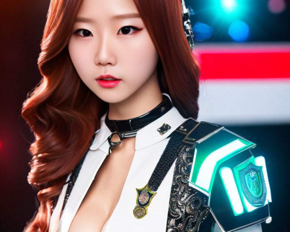 Woman with wavy brown hair in futuristic white-and-green police-style attire posing on red and blue background