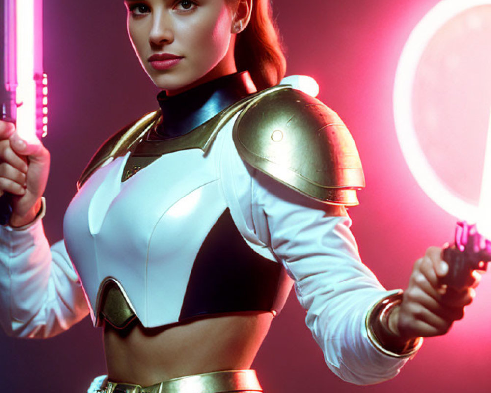 Futuristic woman in white and gold costume with glowing pink saber