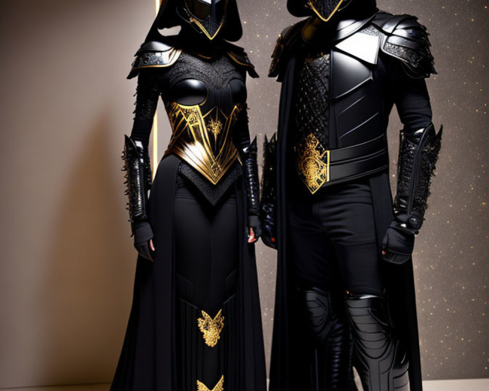 Futuristic black and gold armored duo, one feminine and one masculine.