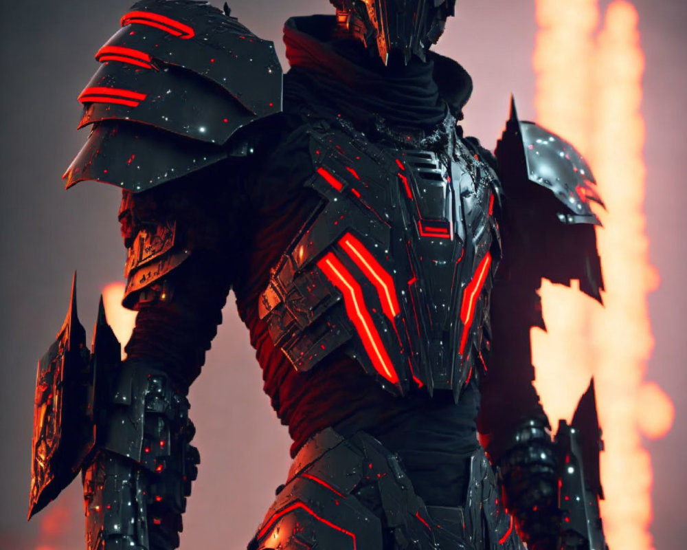 Menacing figure in futuristic armor with glowing red accents in front of fiery background