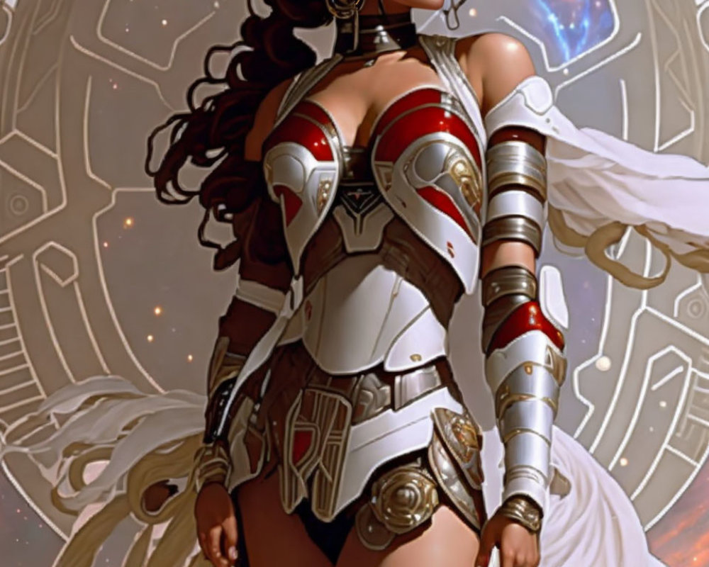 Futuristic warrior woman in armor with serene expression before intricate mechanical interface