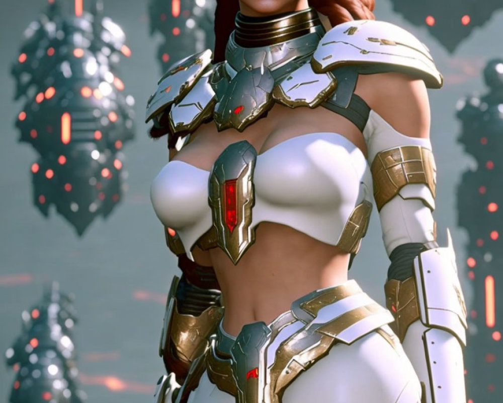 Brown-Haired Woman in Futuristic White and Gold Armor on Hexagonal Background