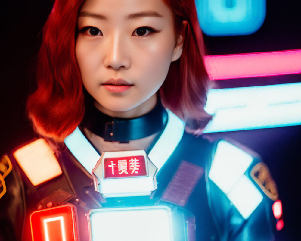 Futuristic police woman in illuminated uniform against neon backdrop