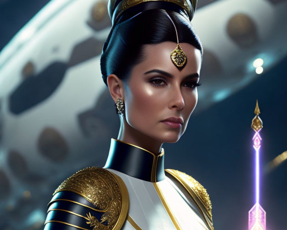 Regal woman in futuristic royal uniform with gold accents and ornate headdress.