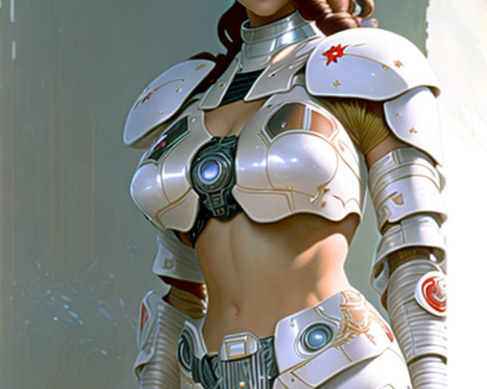 Female Android in White Armor Suit with Gun and Floral Hair Accessories