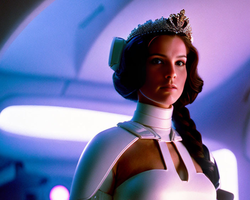 Futuristic woman in white armor with tiara in pink and blue lights