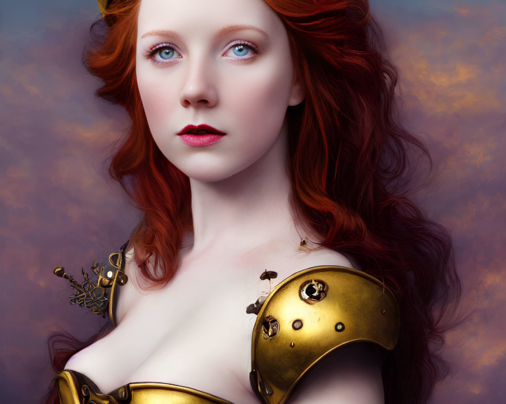 Portrait of woman with red hair in golden crown and armor against cloudy backdrop