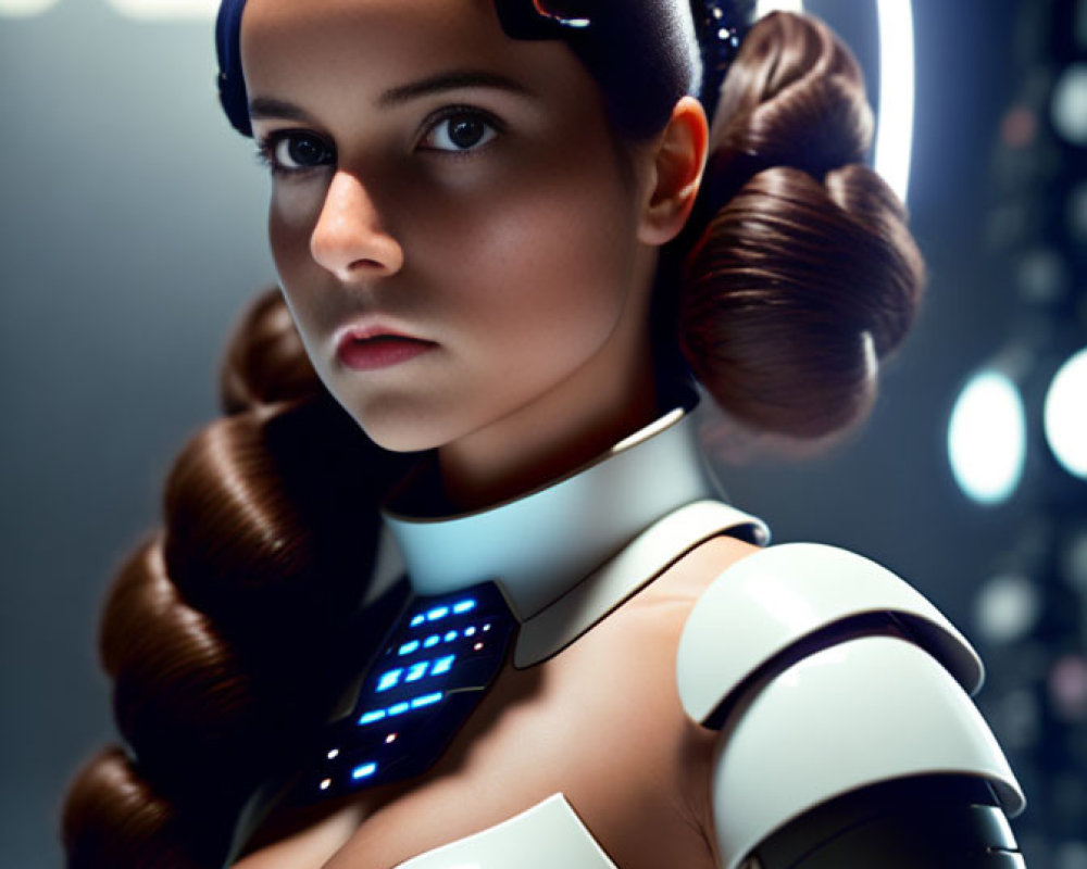 Futuristic woman with elaborate hairstyles in high-tech outfit