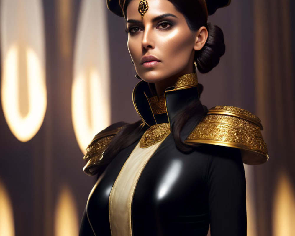 Futuristic military-style uniform with gold accents and embellished cap portrait