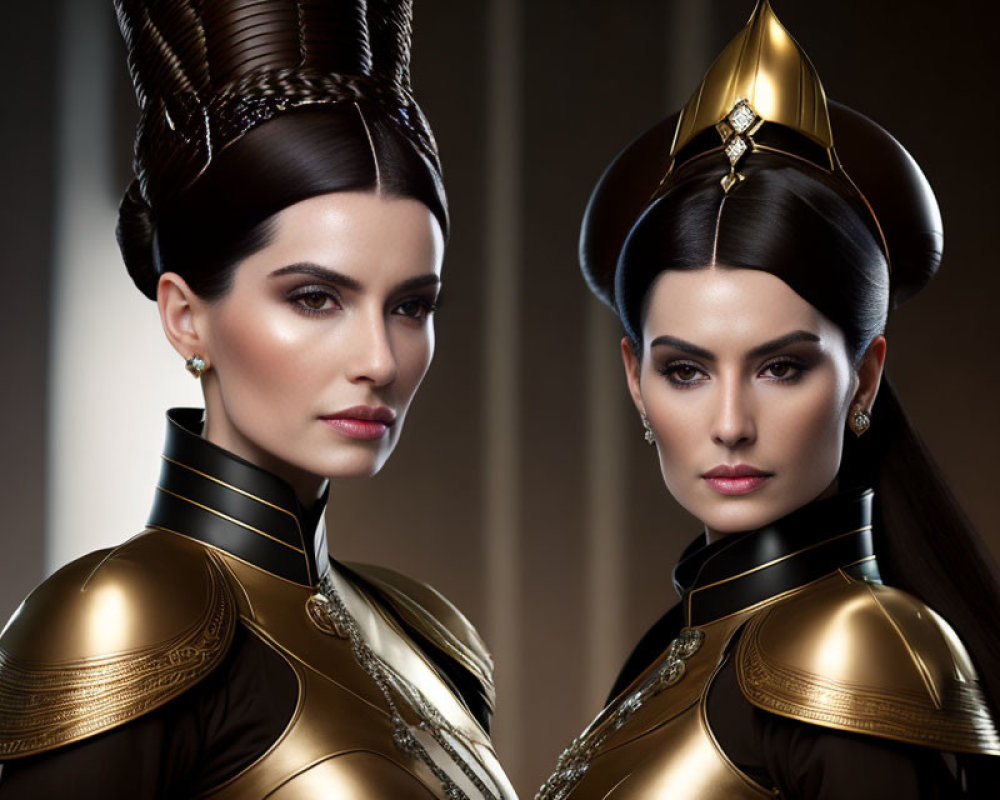 Two women in black and gold futuristic regal costumes with headdresses.