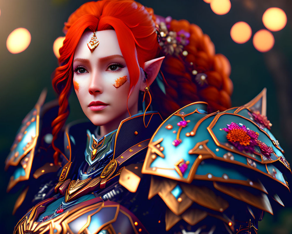 Detailed 3D illustration of female elf in red hair and fantasy armor in mystical forest