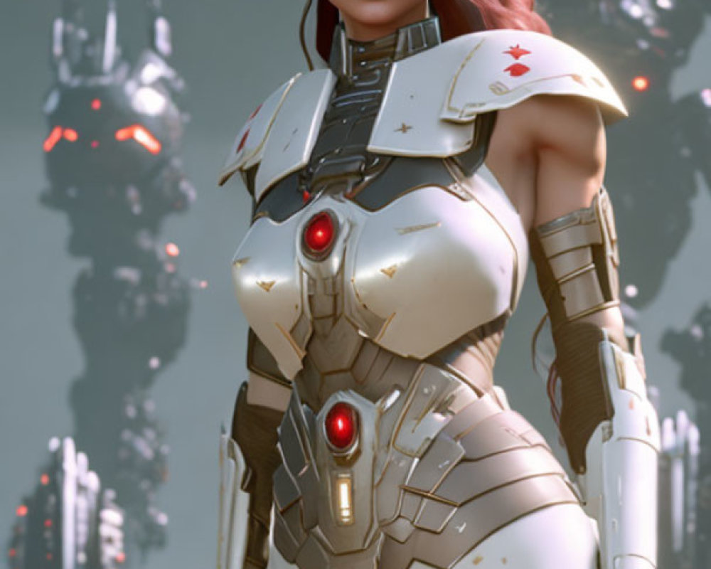 Red-haired woman in white futuristic armor with robotic background