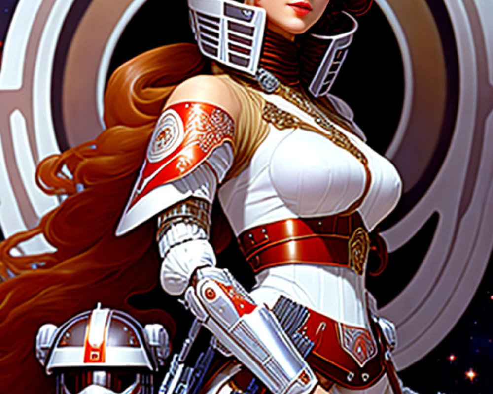 Futuristic white and red armor woman in cosmic setting