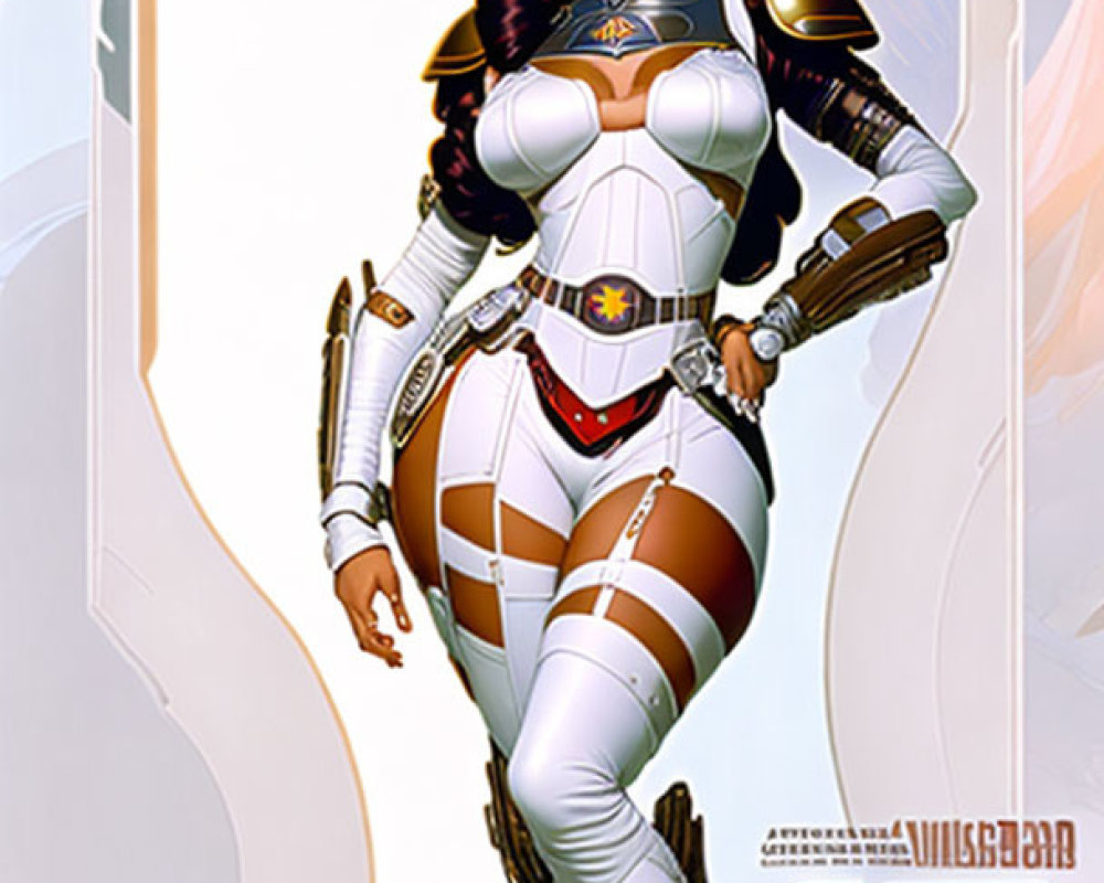 Futuristic female character in X-Men armor on ornate background