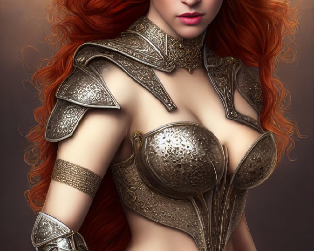 Digital artwork: Woman with fiery red hair in ornate silver armor