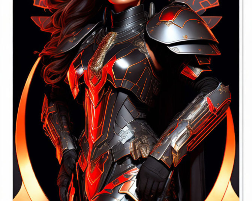 Futuristic woman in red and black armor with rifle and pink flowers