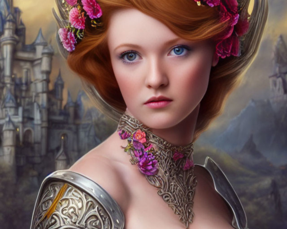 Fantasy portrait of a red-haired woman in floral crown and ornate armor against castle backdrop