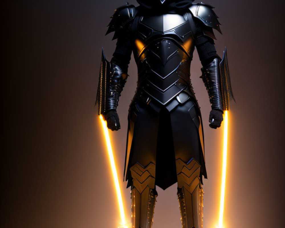 Futuristic knight in black armor with glowing orange swords