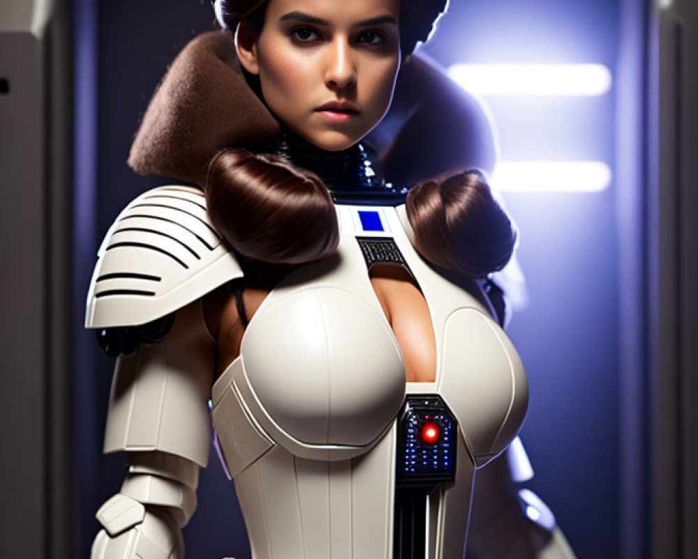 Sci-fi character in futuristic white armor with distinct hairstyle in space-themed setting