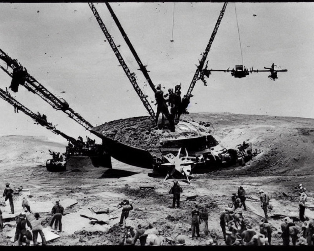 Vintage black and white construction site photo with cranes, workers, and machinery on rough terrain